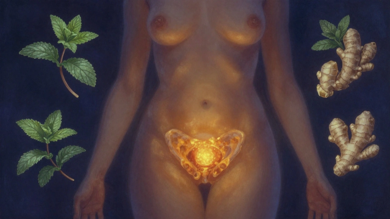 Conceptual art showing warm light in the pelvic area for healing