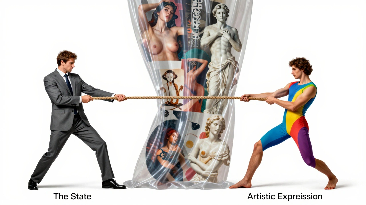 Conceptual illustration of a tug-of-war between state regulation and artistic expression.