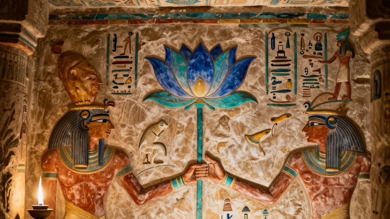 Detailed tomb painting of a blue lotus flower held by a mummified hand.