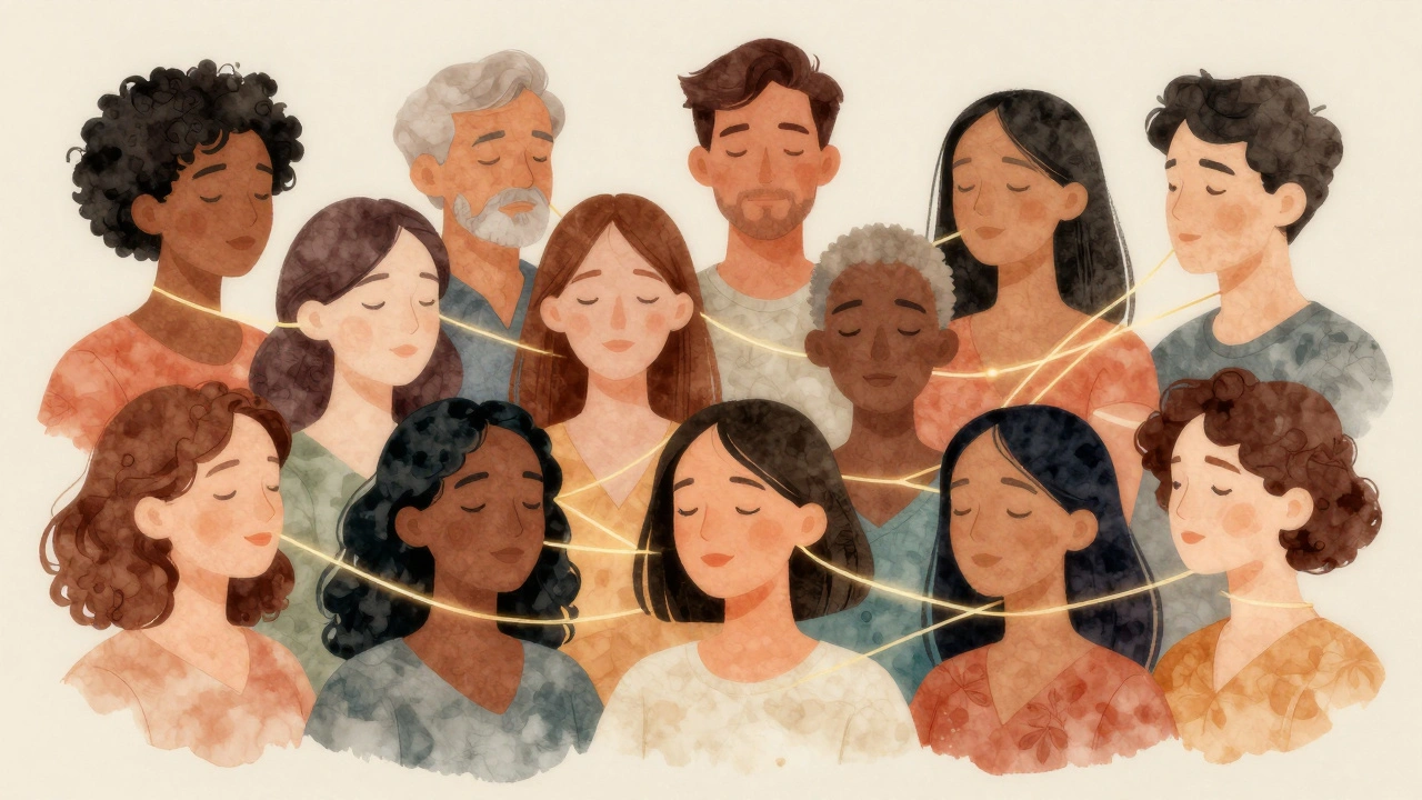 Diverse group of people with golden threads connecting them, representing intersectional identities.