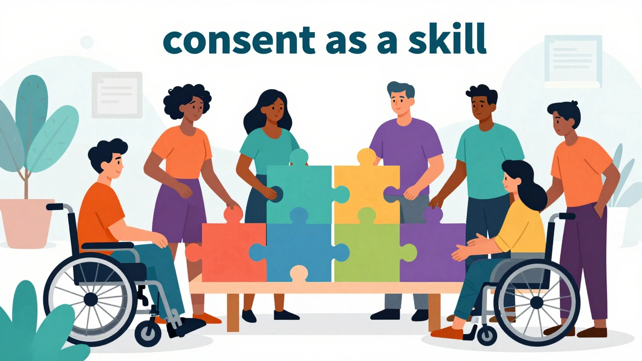 Diverse people with disabilities collaborating with colorful puzzle pieces in a workshop.