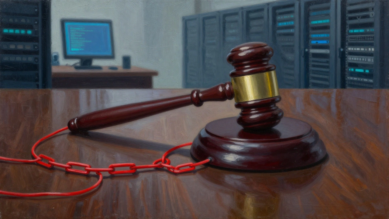 Gavel casting digital chain shadow on a desk surface