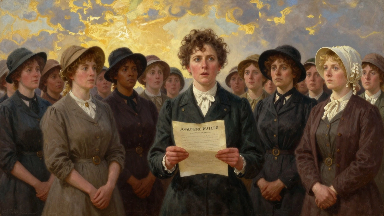 Josephine Butler leading a diverse group of determined women in a historical protest.