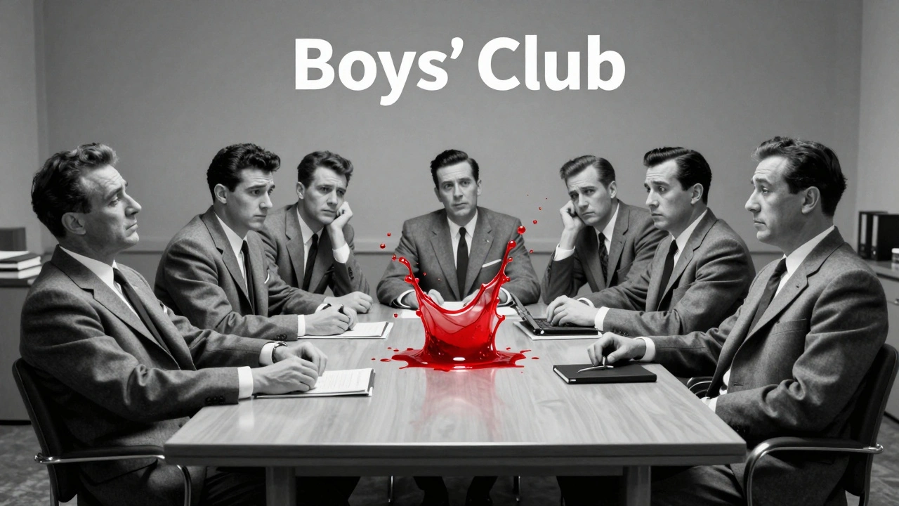 Men in suits reacting with distaste to red liquid on a boardroom table.