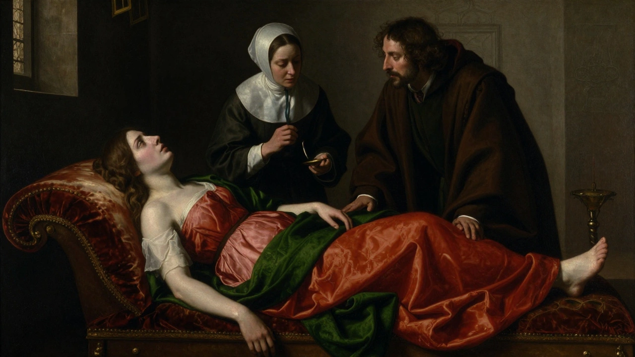 Oil painting of a distressed woman with a midwife and physician in a dark medieval room