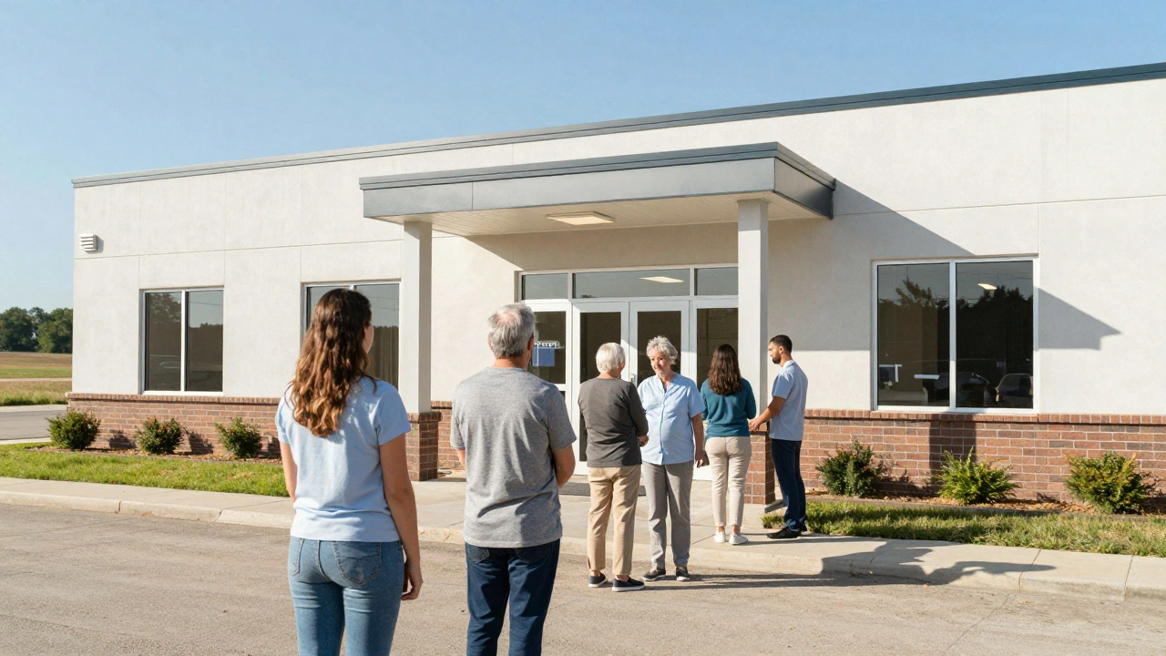 People entering a modern reproductive health clinic in a rural US town for essential medical care.