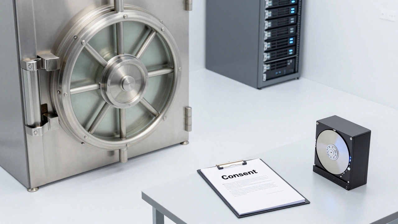 Secure facility showing the physical separation of consent forms and encrypted research data.