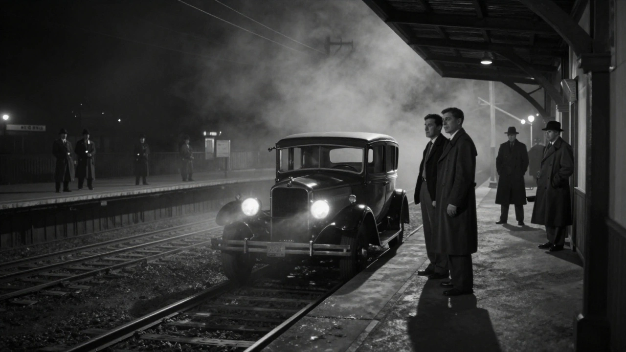 Shadowy agents watching a couple near a train station at night