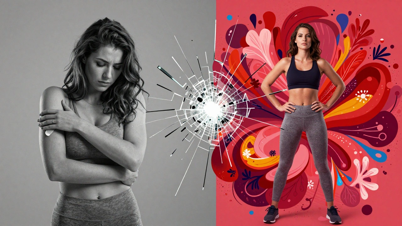 Split image showing a shift from a grey, secretive past to a colorful, empowered present.