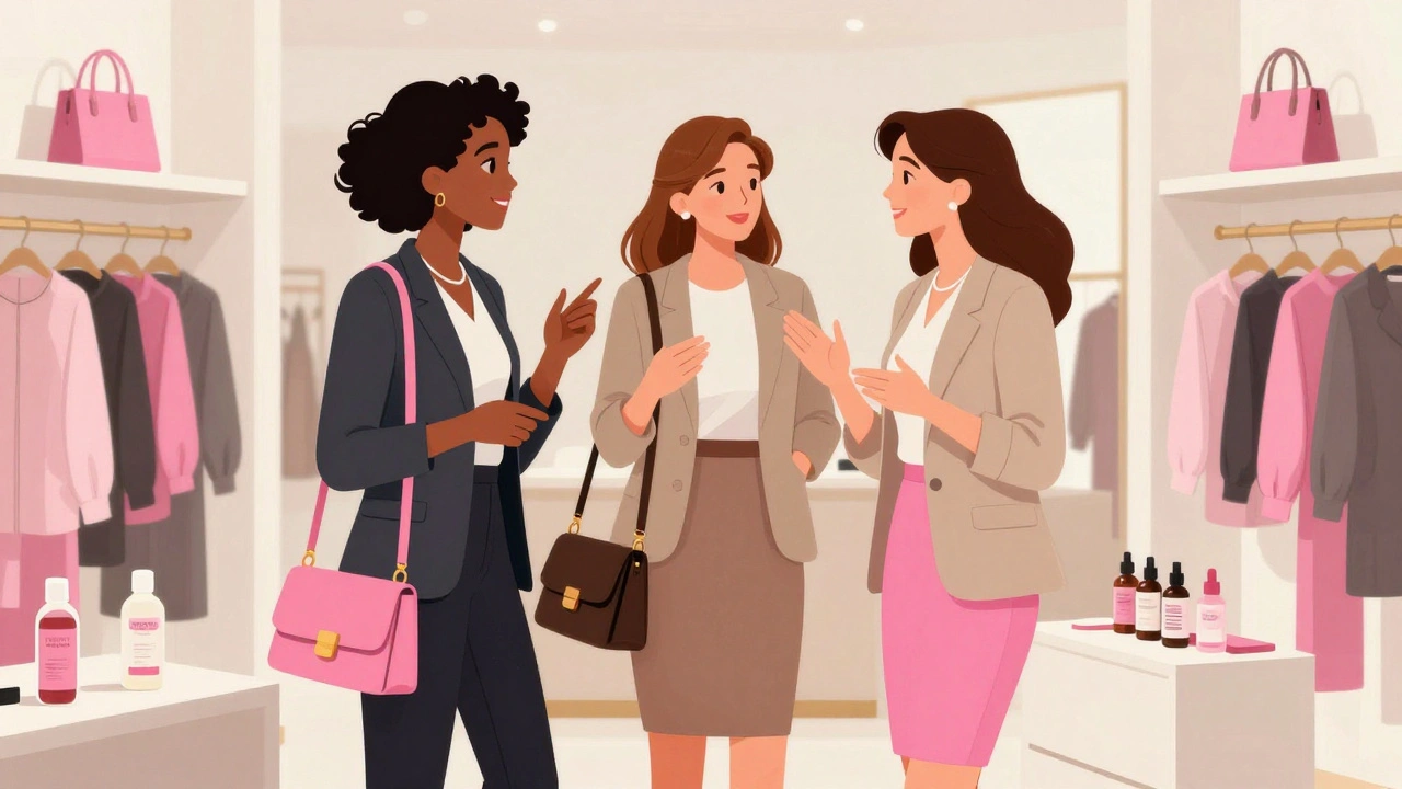 Three fashionable women discussing wellness products in a bright, modern retail store.