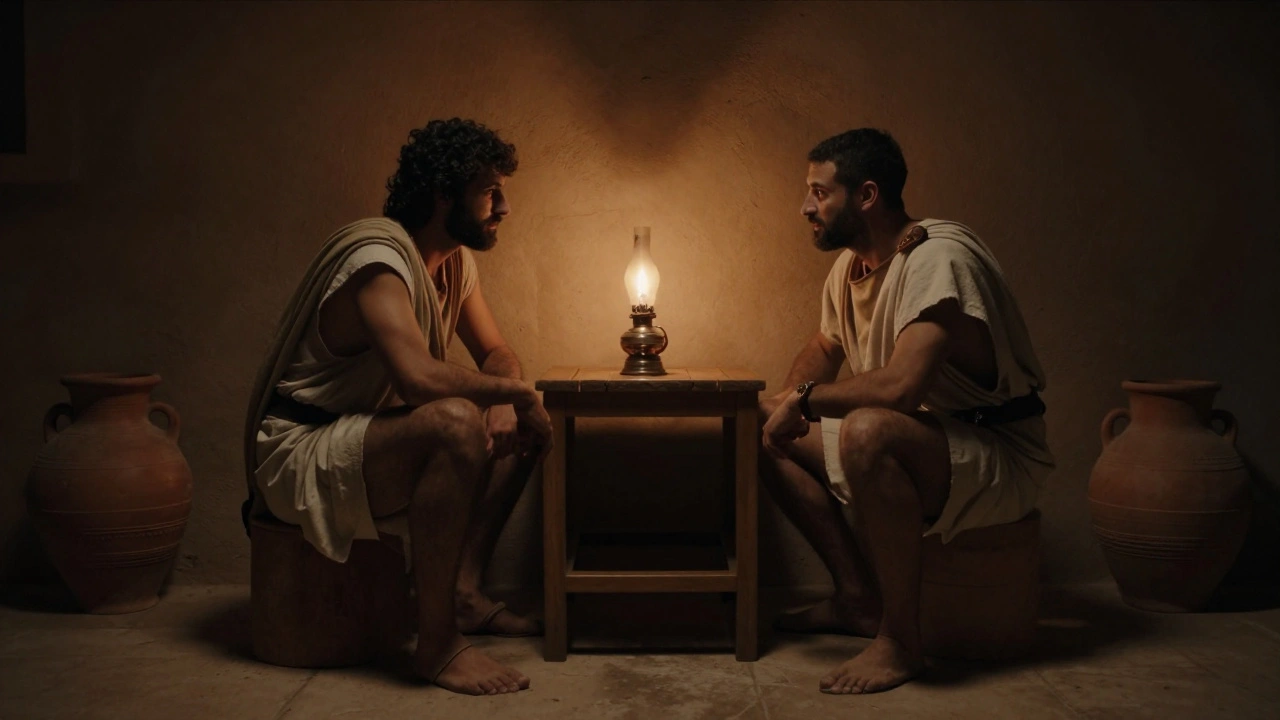 Two men sharing a private, quiet moment in a minimalist, dimly lit Spartan home.