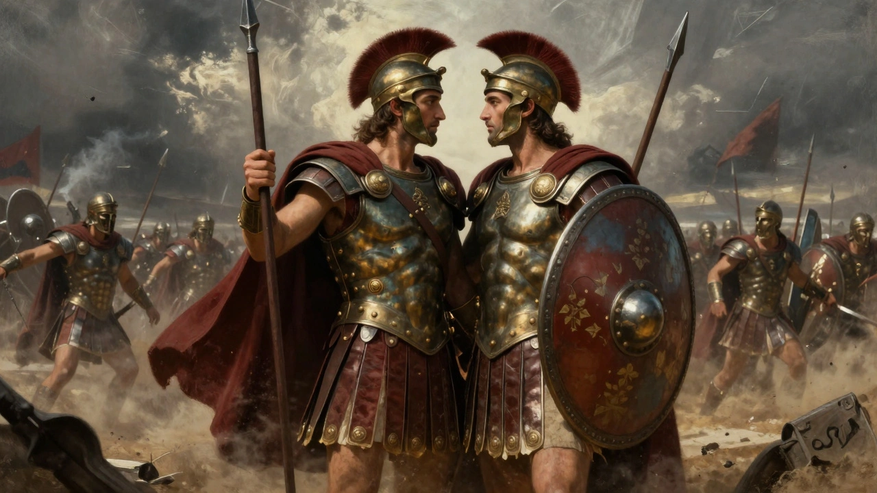 Two soldiers of the Sacred Band of Thebes standing together in a phalanx on a battlefield.