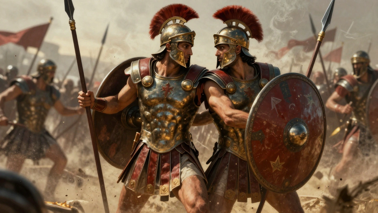 Two Theban soldiers of the Sacred Band fighting back-to-back with bronze armor and shields.
