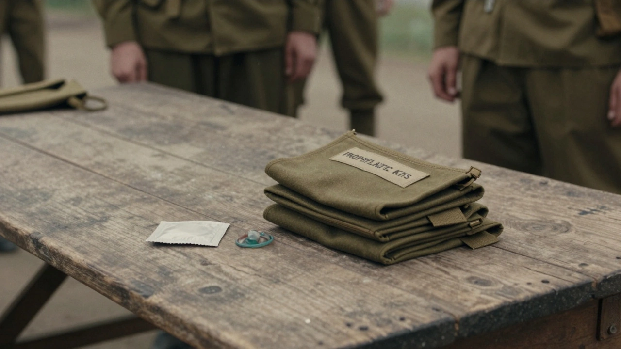 WWII era prophylactic kits on a wooden table at a military health station.