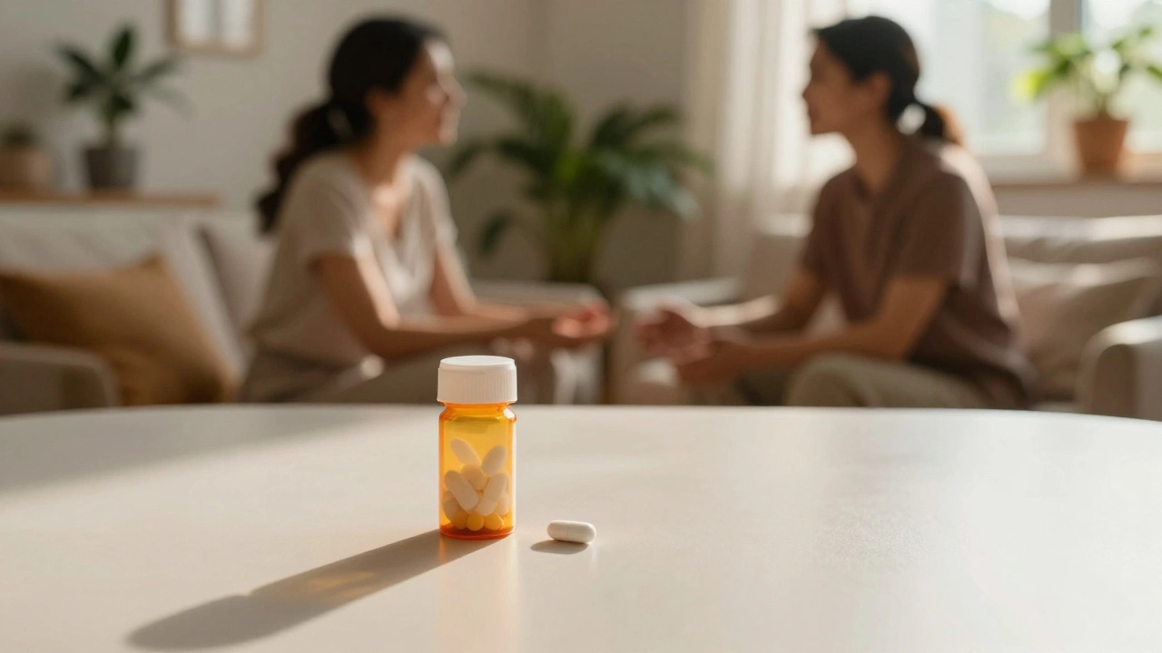 A pill bottle in shadow vs. a warm, sunlit couple talking, symbolizing holistic care over medication.