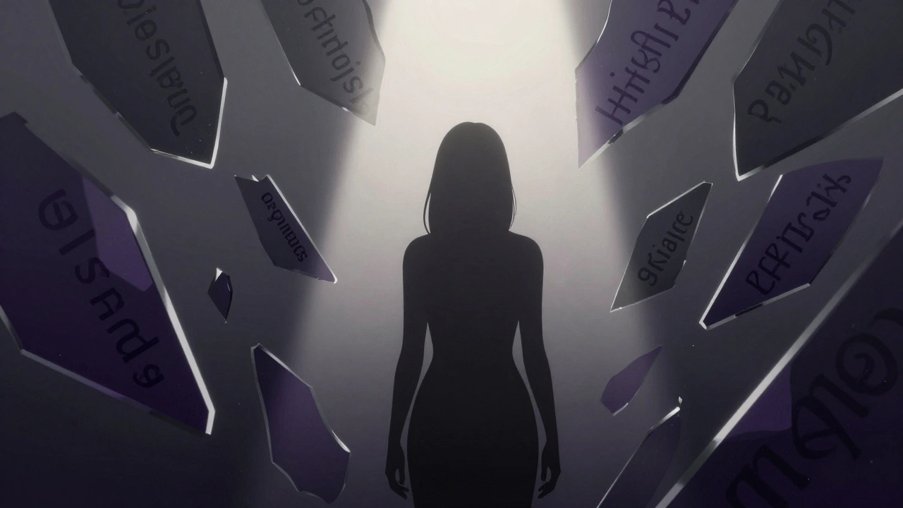 Abstract art showing a figure surrounded by dark shards of shame