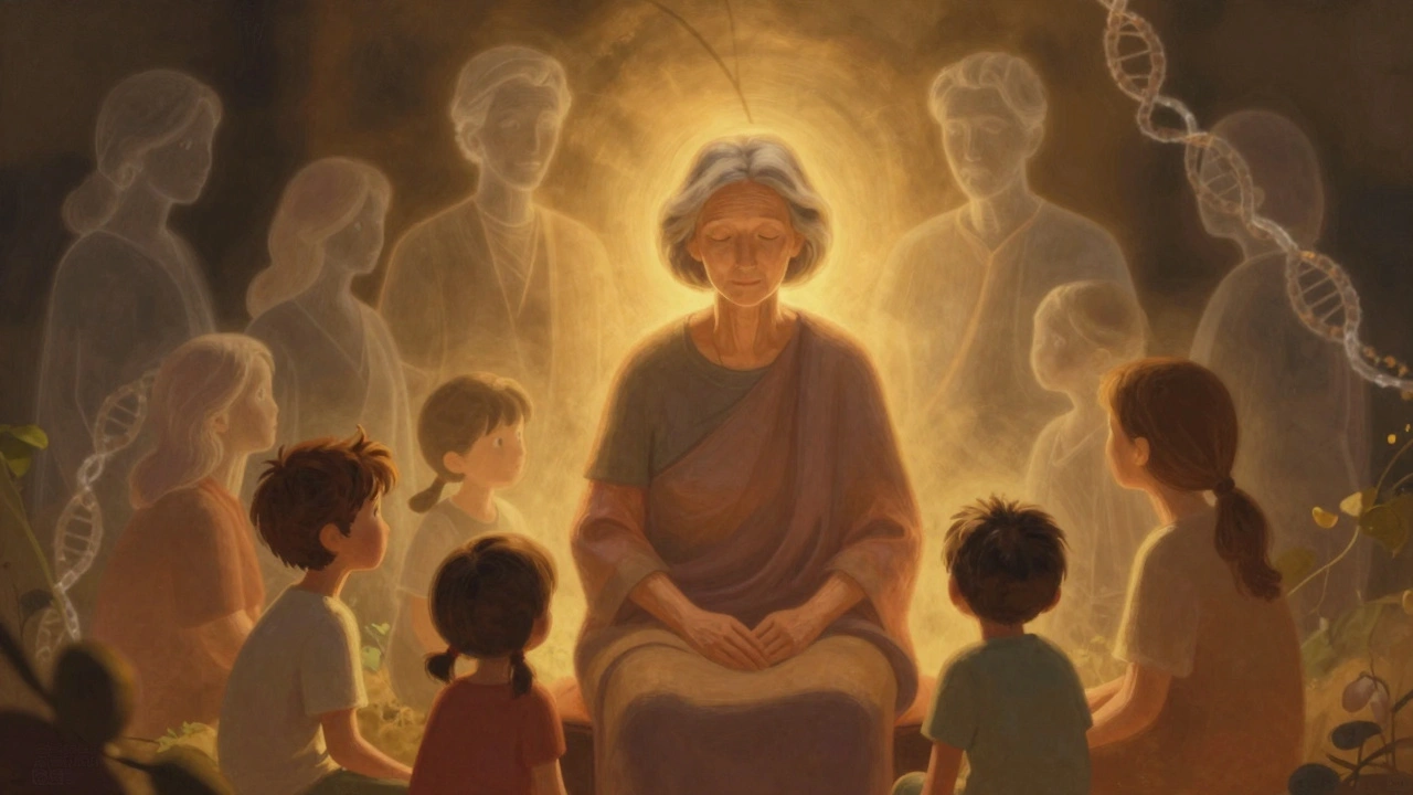 Abstract art showing an elder woman nurturing descendants, symbolizing the grandmother hypothesis.