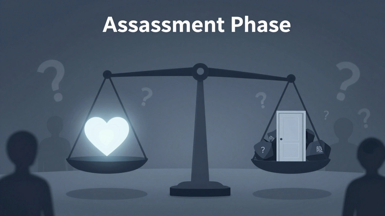 Abstract illustration of a person weighing risks and authenticity, representing the assessment phase.