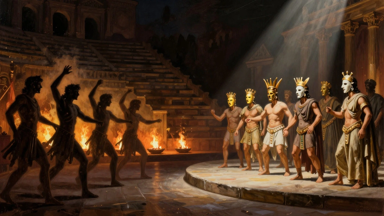Actors in tragic masks on a Greek stage, evolving from wild ritual dancers.
