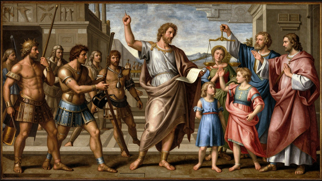 Allegory showing shift from gladiatorial violence to Christian law