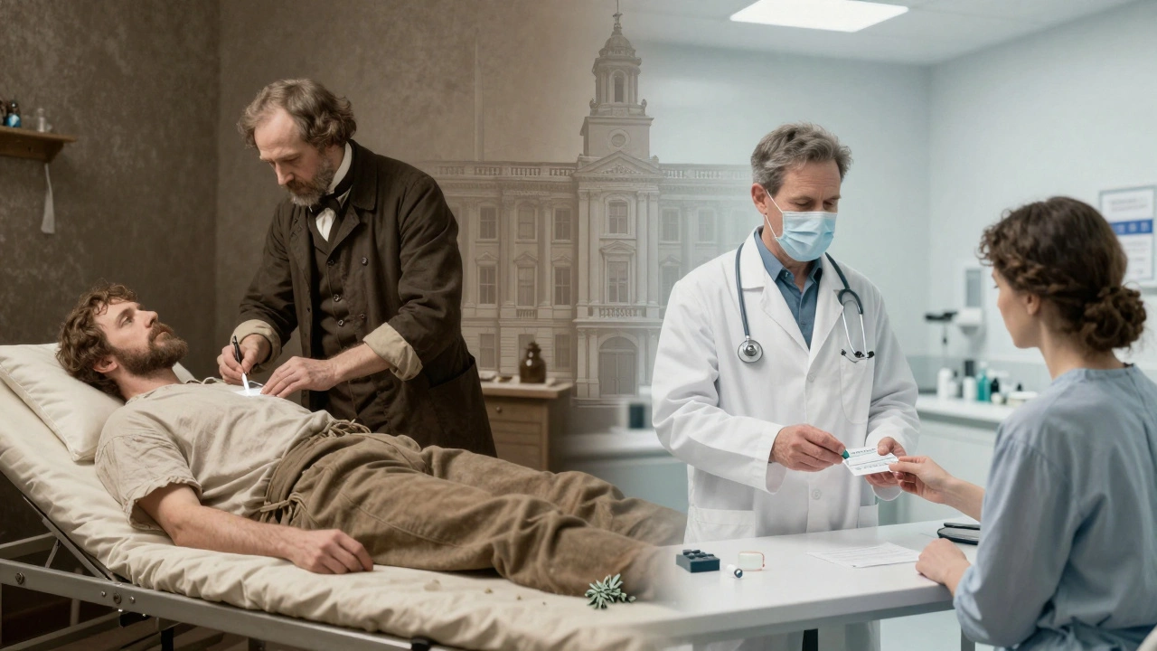 Artistic comparison of 18th-century treatments vs modern antibiotic clinics.
