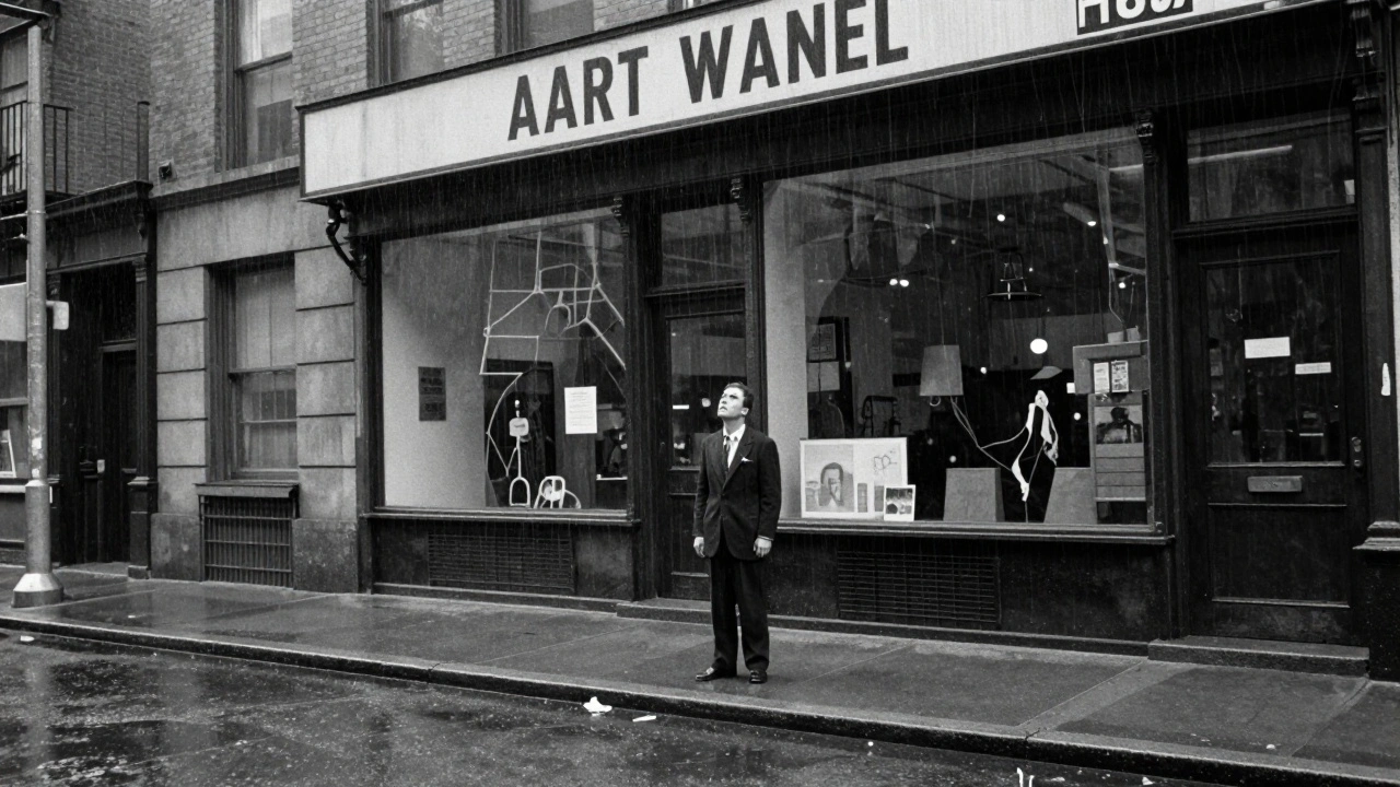 Black and white photo of a lone figure on a rainy 1968 NYC street