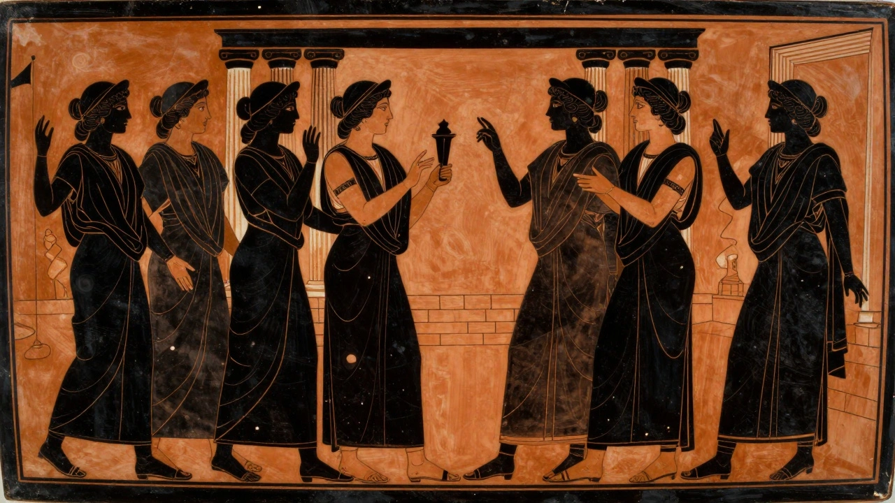 Black-figure vase painting showing women discussing social issues in ancient Greece.