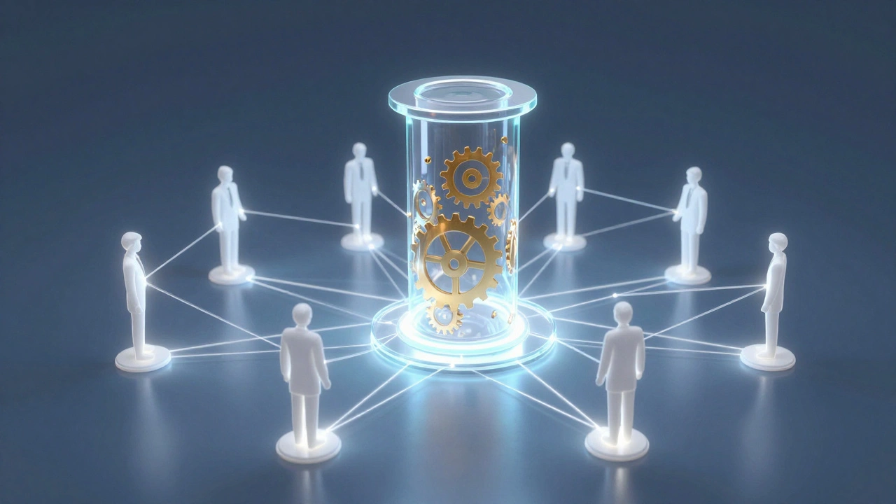 Citizens connected by light strands to a transparent government pillar, showing the social contract.