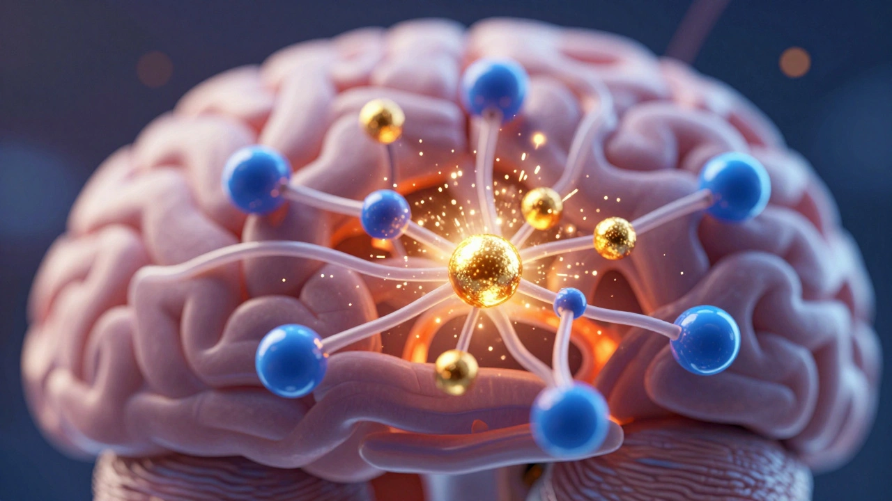 Conceptual art of dopamine and nitric oxide molecules in the brain