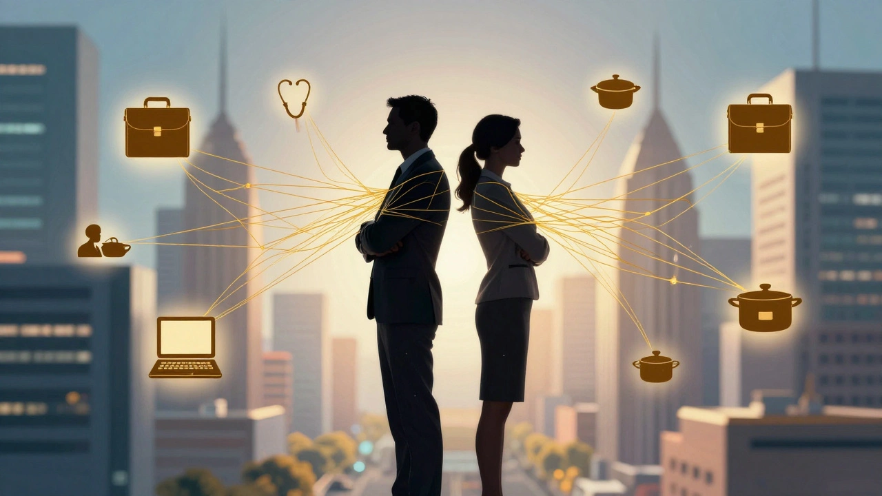 Couple sharing burdens of work and childcare in modern abstract cityscape