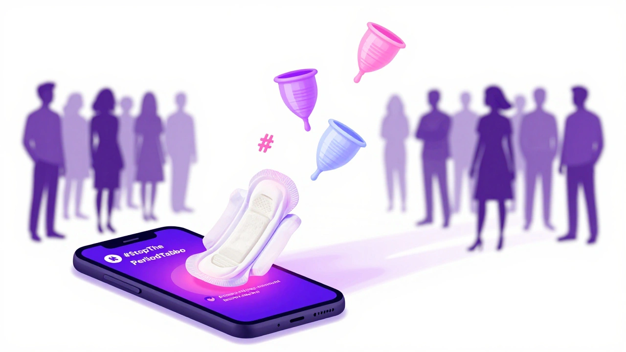 Digital art showing social media posts turning into menstrual products