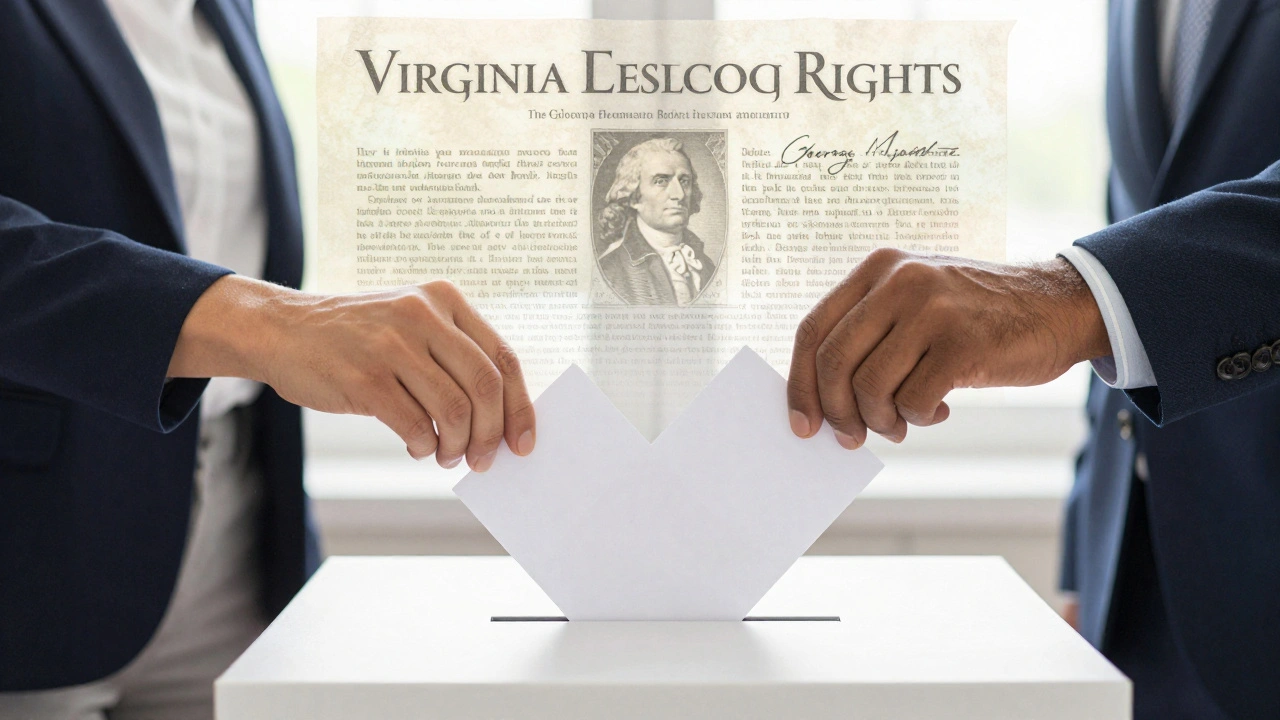 Diverse hands casting votes with subtle historical documents in the background.