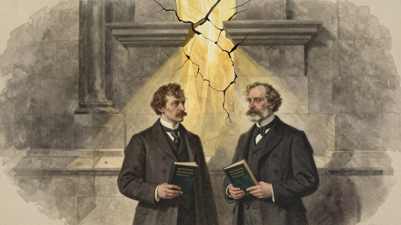 Ellis and Symonds standing before a cracking wall of law with light shining through.