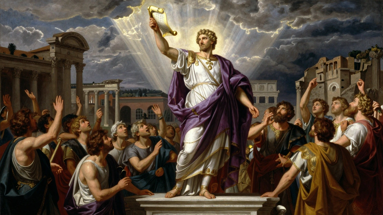 Emperor Constantine announcing new laws transforming rape into a public crime