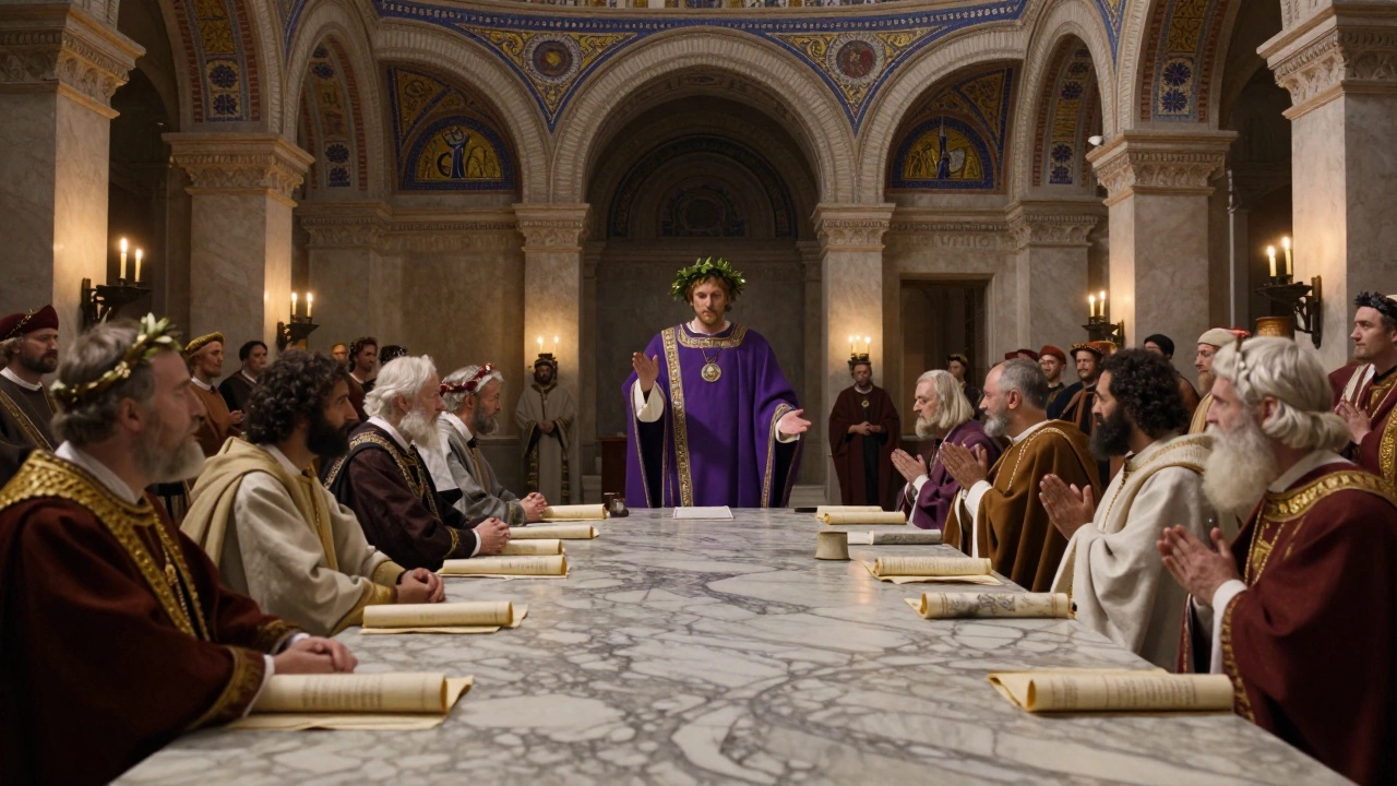 Emperor Constantine presides over bishops at the Council of Nicaea