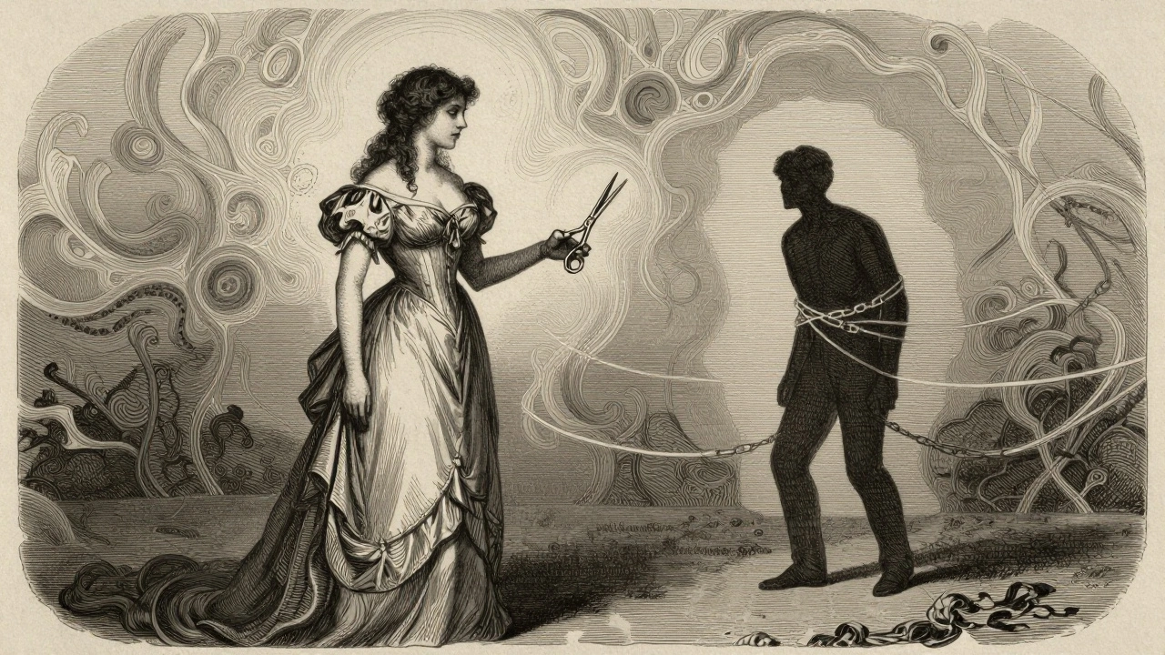 Engraving of femme fatale with scissors and anxious man