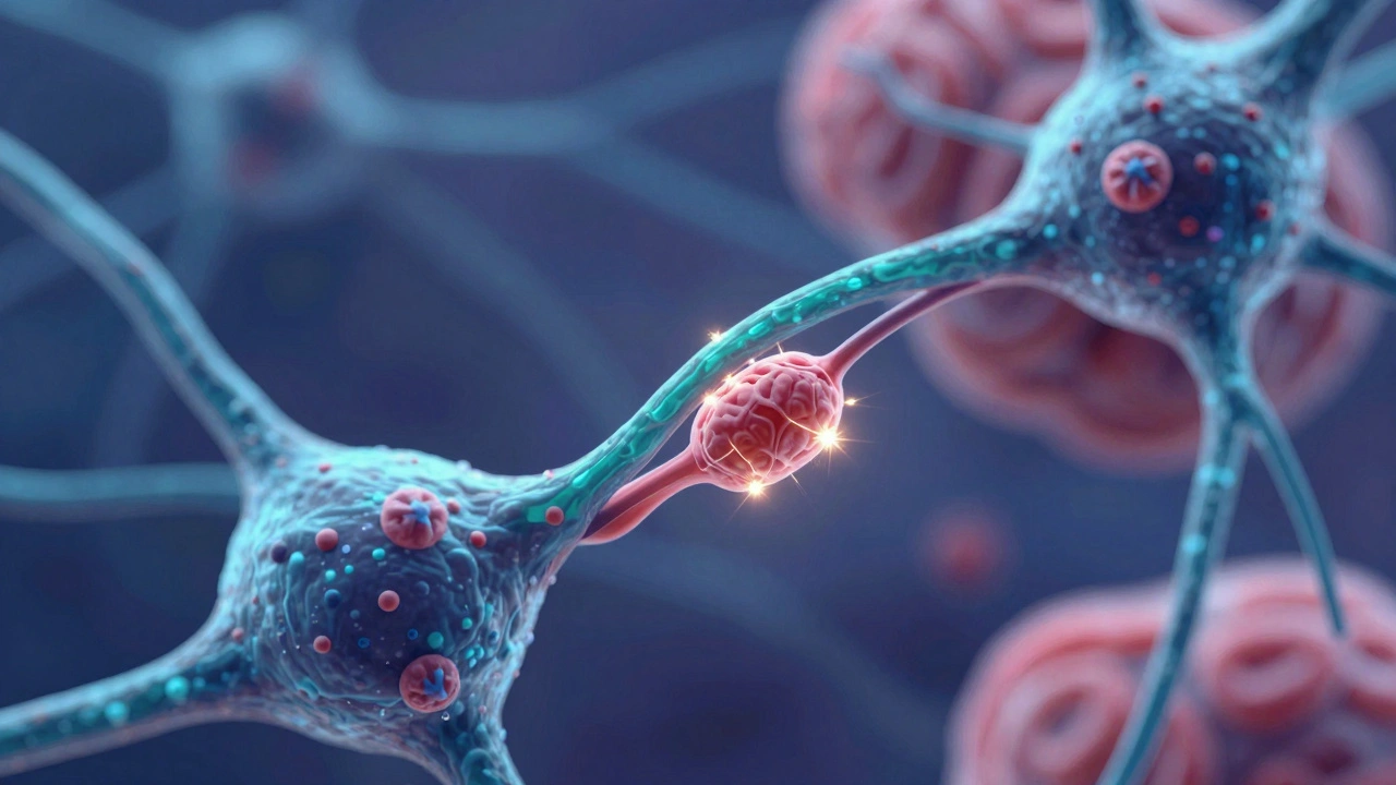 Estrogen molecules stimulating synaptic connections and neuron growth in the hippocampus.