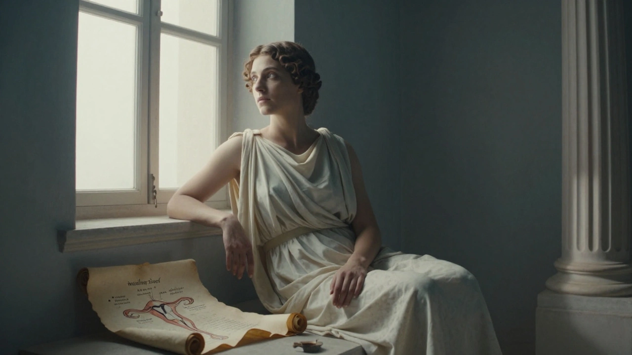 Ethereal scene of ancient Greek medical scrolls and a woman contemplating health.
