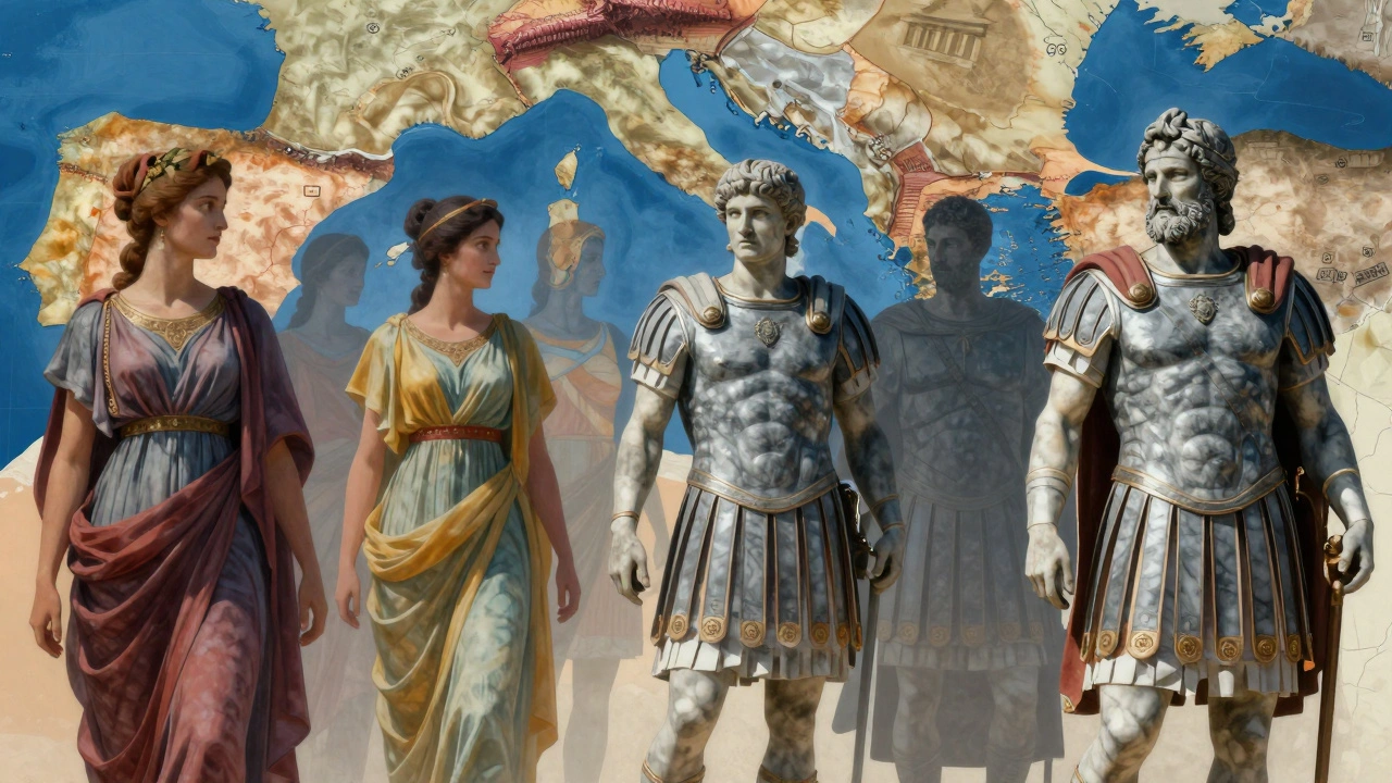 Fading Etruscan women overshadowed by Roman imperial figures
