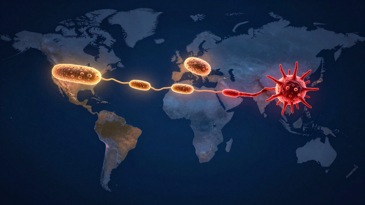 Glowing bacteria traveling across a map from the Americas to Europe, changing color.