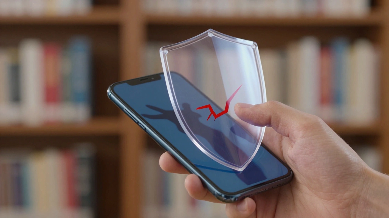 Hand placing a protective shield over a smartphone screen