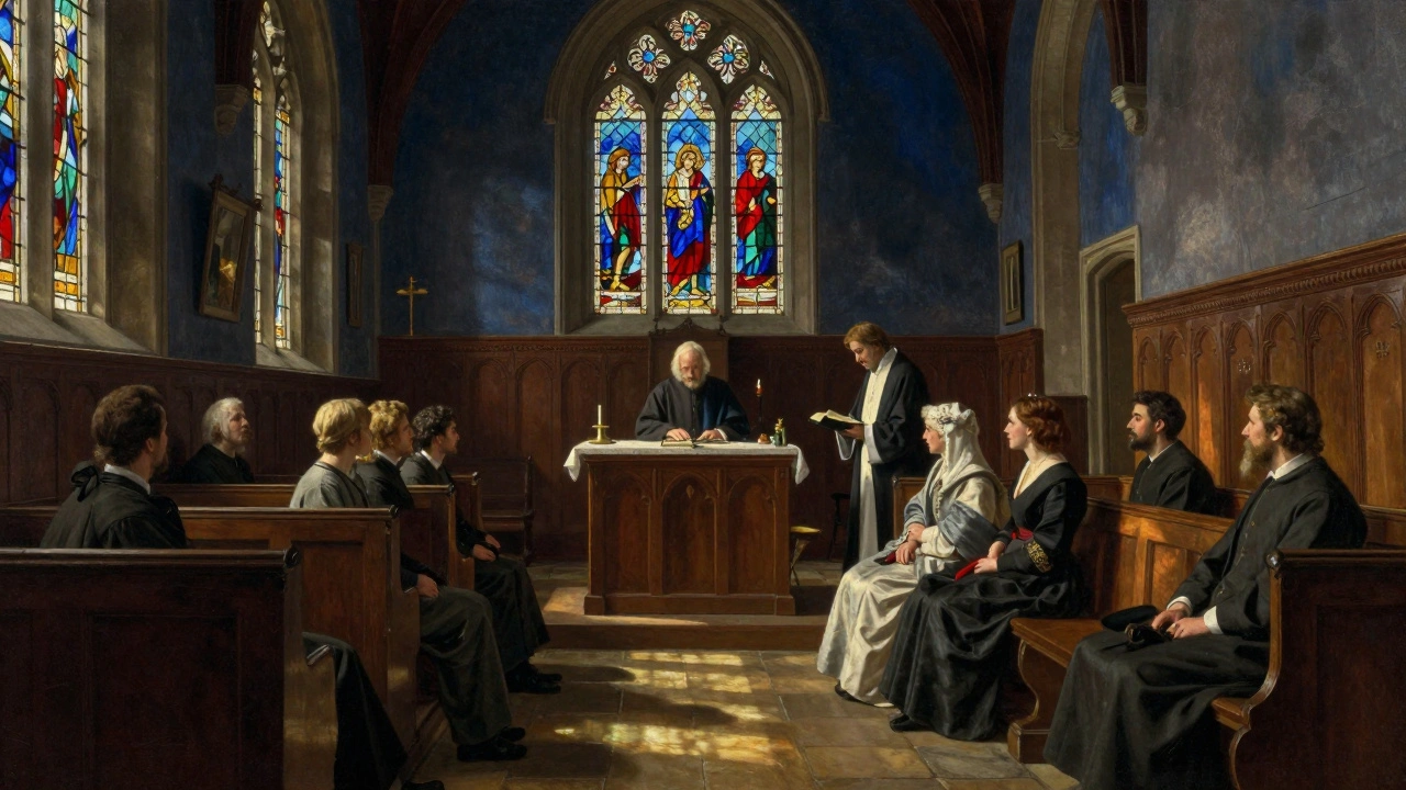 Interior of the hospital chapel showing patients and donors during a service.