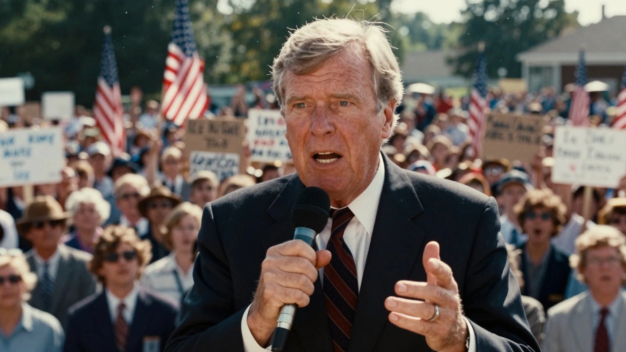 Jerry Falwell speaking at a crowded 1980 political rally