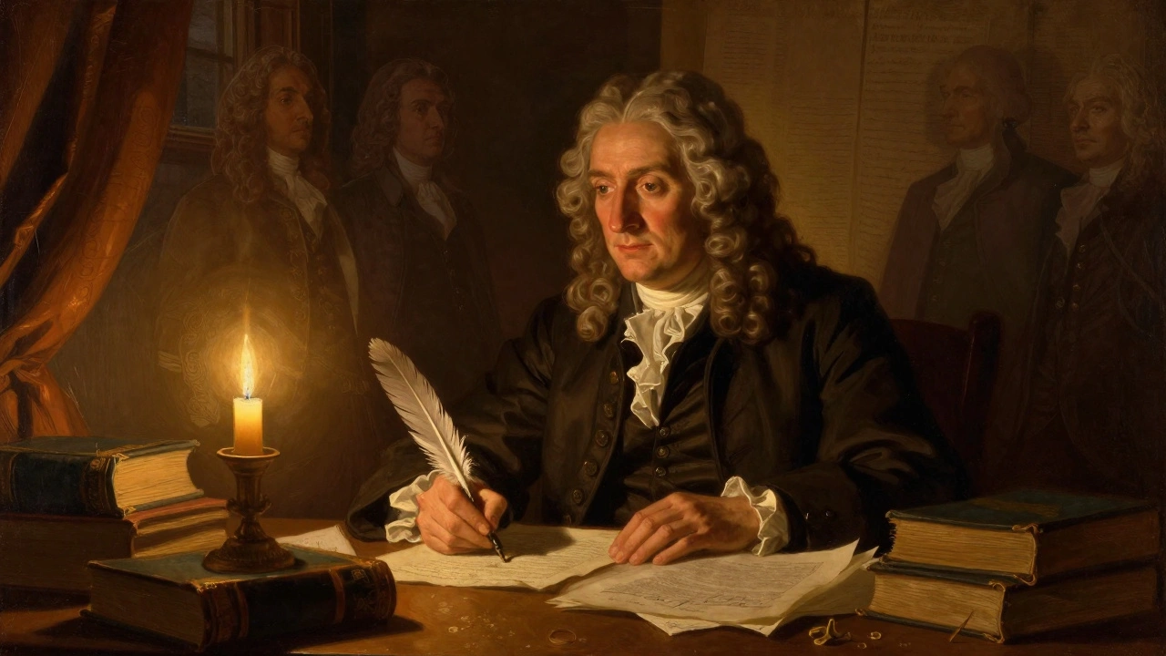 John Locke writing by candlelight with revolutionary figures in the background.