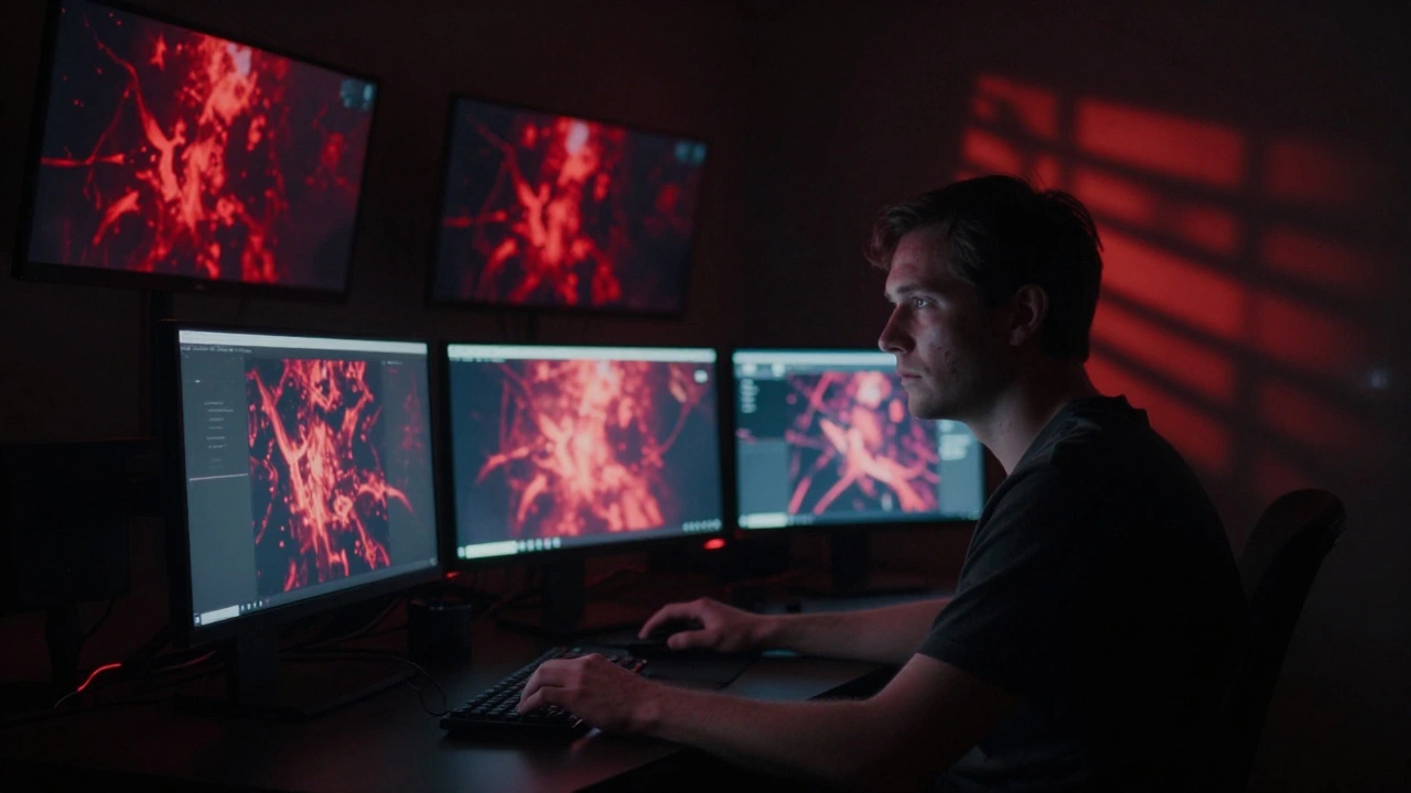 Man in dark room illuminated by screen glow, illustrating desensitization to violent content.