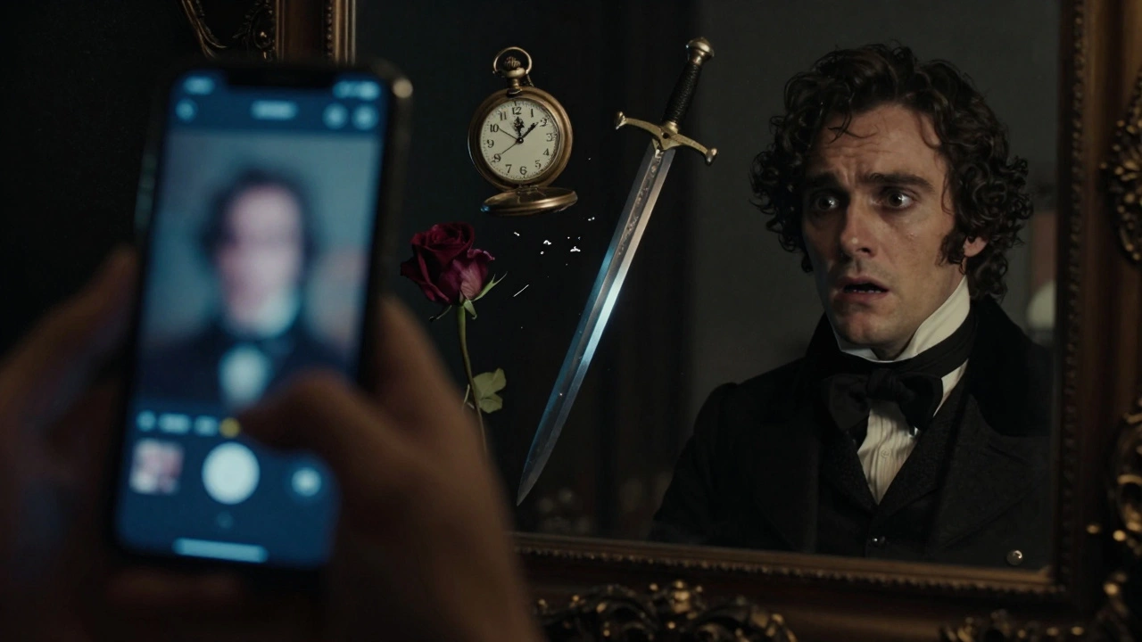Man reflecting Victorian fears while using smartphone