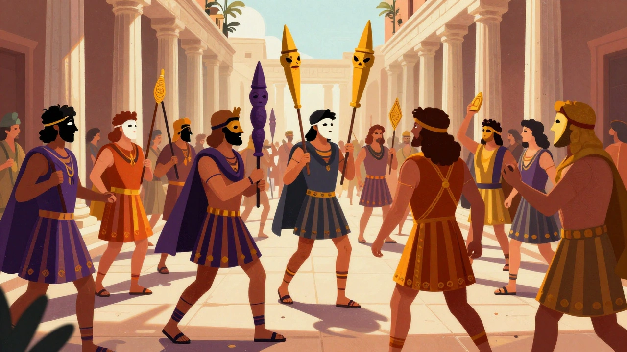 Masked participants in a vibrant Athenian street procession celebrating fertility.