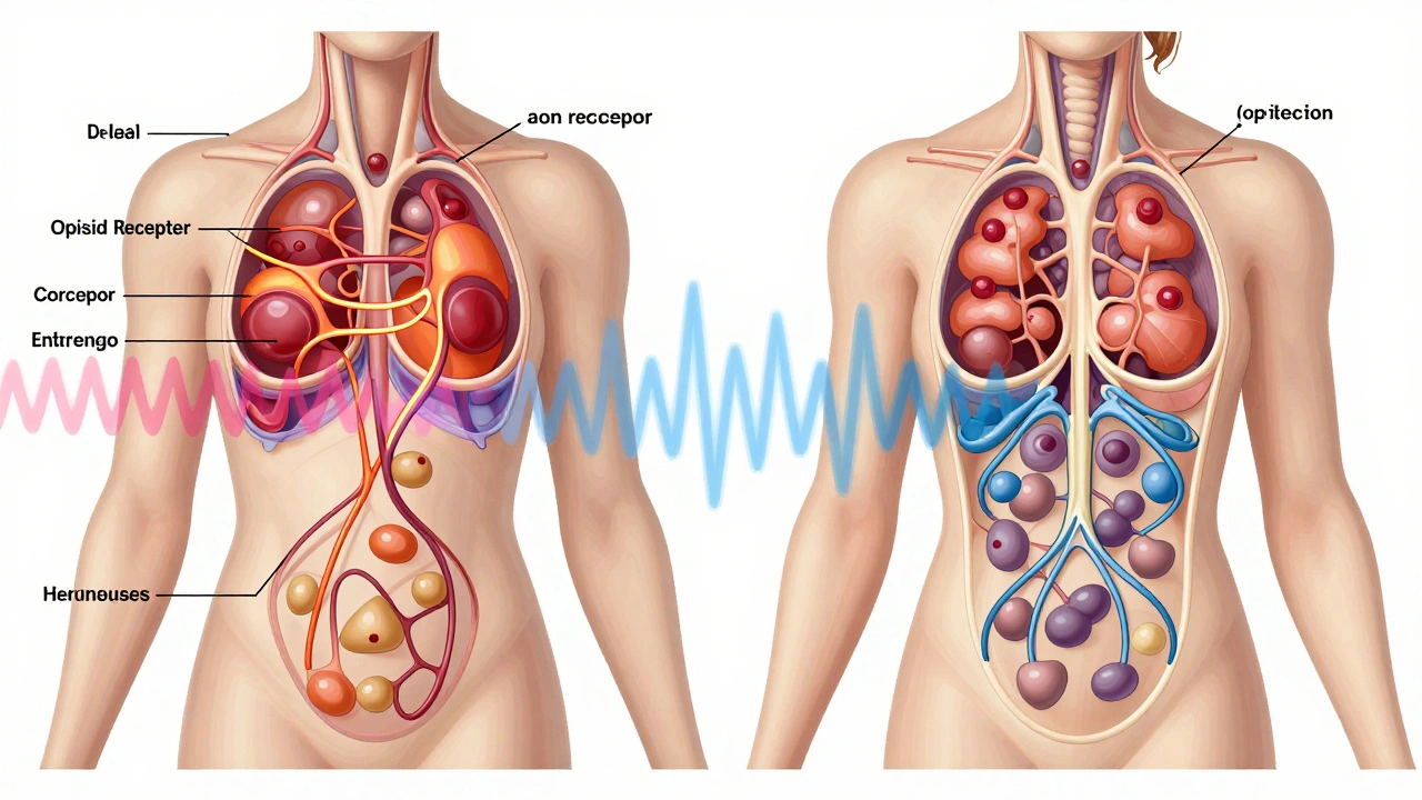 Neural receptors showing varied positioning and connectivity based on hormonal levels.