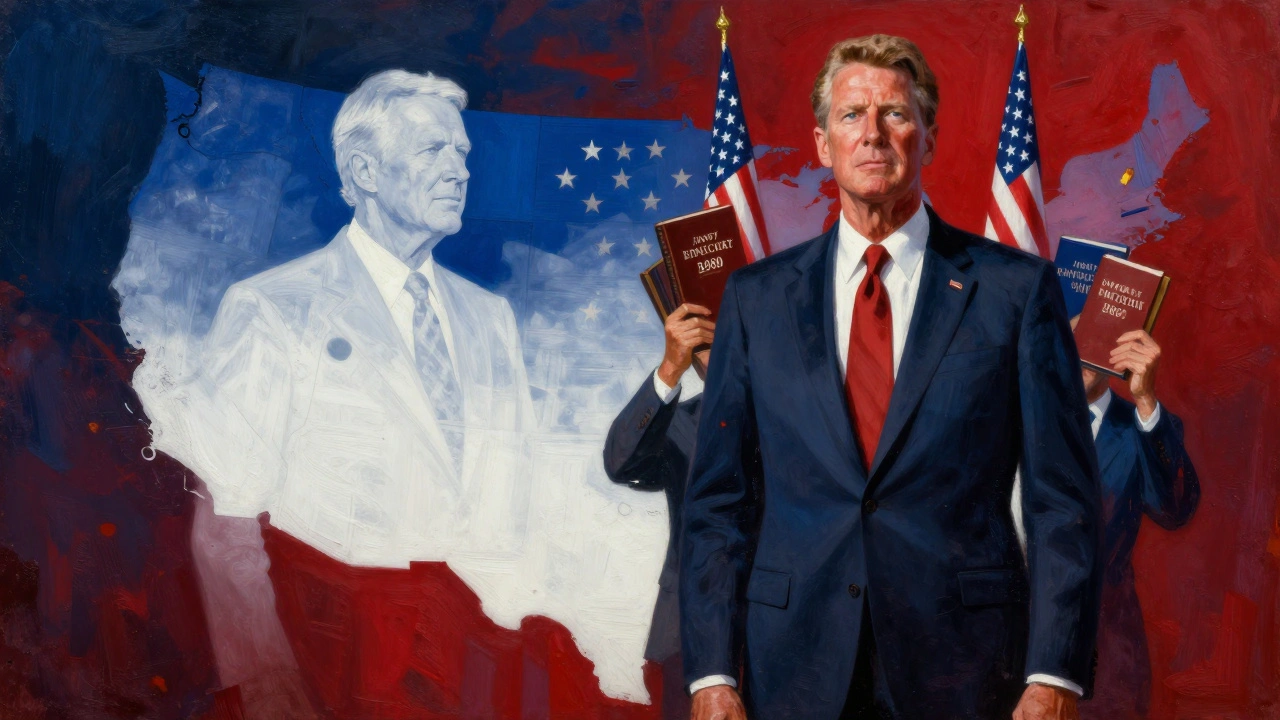 Oil painting depicting 1980 election shift from Carter to Reagan