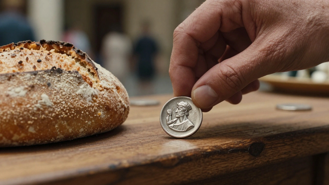 Silver obol coin placed next to a loaf of bread illustrating equal value